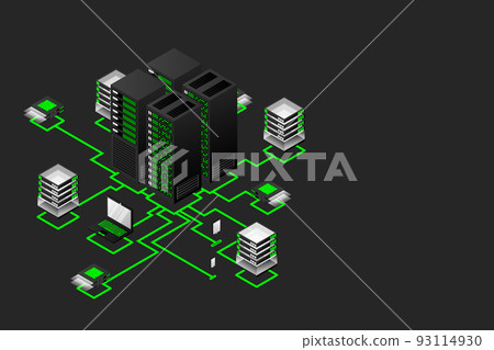 Concept of data network management .Vector isometric map with business networking servers computers and devices 93114930