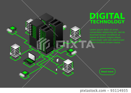 Concept of data network management .Vector isometric map with business networking servers computers and devices 93114935