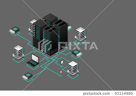 Concept of data network management .Vector isometric map with business networking servers computers and devices 93114980