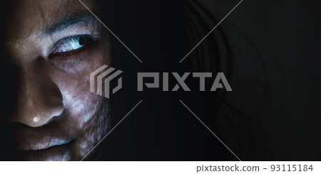 Close up face of Asian woman ghost or zombie horror creepy scary Close up face of Asian woman ghost or zombie horror creepy scary 93115184