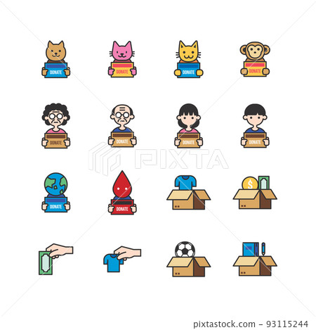 Donate and Charity flat icons set. hold box, Volunteer help, people donations and Care box. design vector 93115244