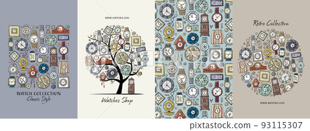 Clocks and watches in different style. Retro and modern collection. Set of 4 concept art for your design project - cards, banners, poster, web, print, social media, promotional materials. Vector 93115307