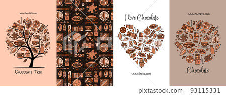 Chocolate, cacao and sweets - concept arts collection. Frame, pattern, tree, heart shape. Set for your design project - cards, banners, poster, web, print, social media, promotional materials. Vector 93115331