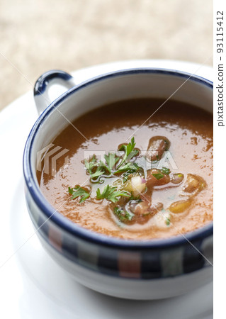 spanish traditional gazpacho cold vegetable soup in seville restaurant 93115412