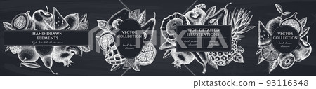 Fruits hand drawn frame templates. Vintage illustrations of bananas, pears, kiwi etc. Fruits hand drawn frame templates. Vintage illustrations of bananas, pears, kiwi etc. 93116348