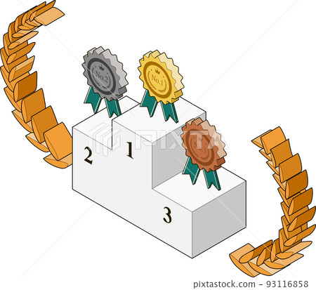Gold, silver and bronze medals and podium, laurel wreath isometric illustration 93116858