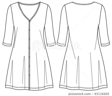 vector dress sketch, dress technical drawing, fashionable women CAD/flat, dress with ruffles and puff sleeves 93116885