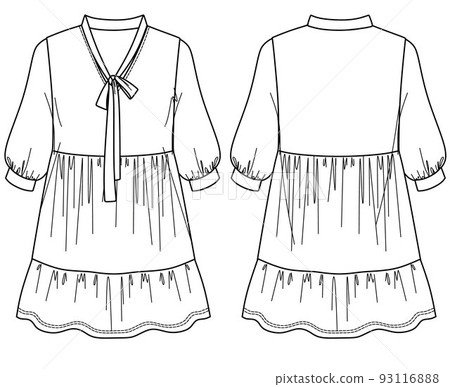 Dress with sleeves, dress CAD, dress style, apparel sketch, clothes for woman, clothes template 93116888