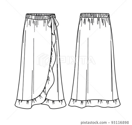 Vector wrapped skirt technical drawing, template, flat, sketch. Maxi skirt fashion CAD with frills and bow detail. Woman maxi wrap skirt with front, back view, white color 93116898