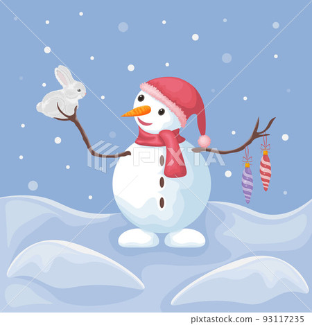 A snowman with a rabbit. Winter illustration depicting a cute snowman with Christmas tree toys. A cheerful snowman in a hat and scarf holds a rabbit in his hands. Vector illustration of Christmas A snowman with a rabbit. Winter illustration depicting a cute snowman with Christmas tree toys. A cheerful snowman in a hat and scarf holds a rabbit in his hands. Vector illustration of Christmas 93117235