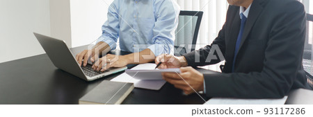 Lawyer and legal concept, Businessman typing on laptop as senior lawyer explain detail of contract Lawyer and legal concept, Businessman typing on laptop as senior lawyer explain detail of contract 93117286