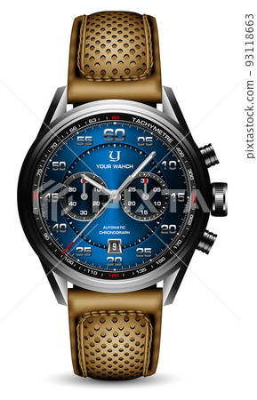 Realistic clock watch sport chronograph black blue steel yellow leather strap for men luxury on white background object vector Realistic clock watch sport chronograph black blue steel yellow leather strap for men luxury on white background object vector 93118663