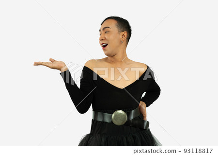 asian gay in a black dress showing something on his hand. Transgender isolated on white color background. LGBTQ+ concept. 93118817
