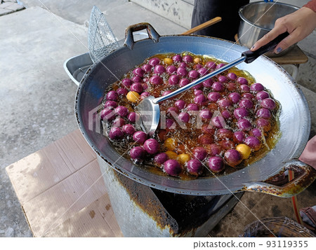 Cooking Sweet potato ball or Thai call Khanom khai nok kratha. made from sweet potatoes 93119355