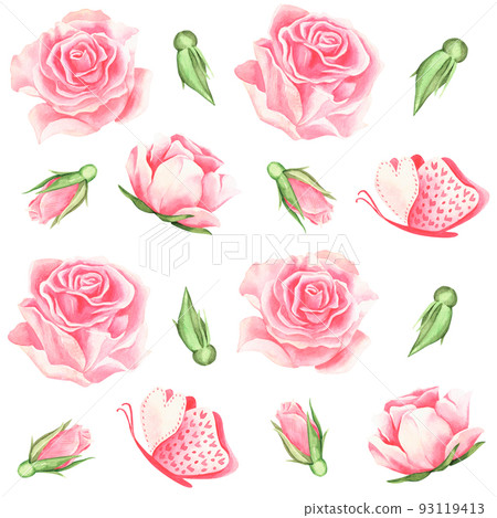 Pattern with pink roses. Watercolor vintage illustration. Isolated on a white background. For your design. 93119413