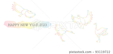2023年新年賀卡橫幅和標題插圖,四隻彩虹色起重機在演奏 2023年新年賀卡橫幅和標題插圖,四隻彩虹色起重機在演奏 93119722