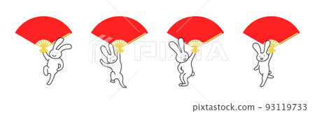 Illustration of four rabbits dancing with a red folding fan 93119733