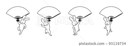4 隻兔子用黑白折扇跳舞的插圖 93119734