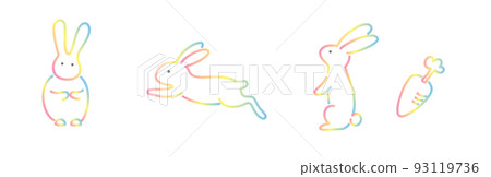 用彩虹色線繪製的三隻兔子和胡蘿蔔的插圖 93119736