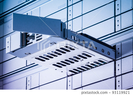 hard drive repair concept - hard disk inside tray is pulled out of internet cloud data storage array hard drive repair concept - hard disk inside tray is pulled out of internet cloud data storage array 93119921