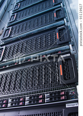 Row of hard drives serving as data storage inside server room Row of hard drives serving as data storage inside server room 93119927