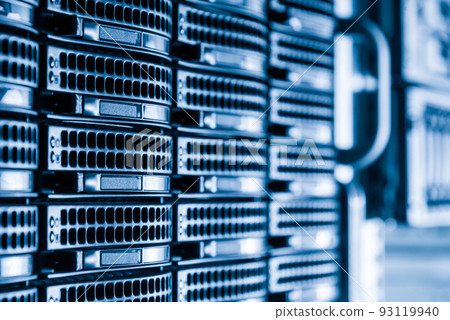 Row of hard disks used for data storage in internet data center Row of hard disks used for data storage in internet data center 93119940