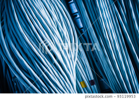 detail of large number of ethernet cables tied together connecting racks inside server room 93119953