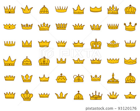 Crown doodle icon set isolated on white back. Royal or queen sign, premium symbols clip art. 93120176