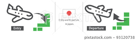 An airplane entering Japan and an airplane leaving Japan. Japan Travel. Japanese flag and map of Japan. vector. 93120738