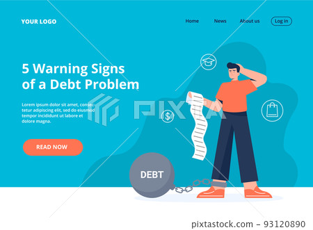 Debt problems. Financial obligation, and loan payment. A man has a burden of loans for shopping, graduation, and mortgage. Vector flat illustration from landing page or banner. Debt problems. Financial obligation, and loan payment. A man has a burden of loans for shopping, graduation, and mortgage. Vector flat illustration from landing page or banner. 93120890