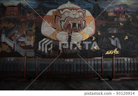 Mural painting of the Wat Phra Kaew Corridor in the Royal Palace of Bangkok, Thailand - The action scene of the monkey army led by Hanuman in the story of Ramakien 93120914