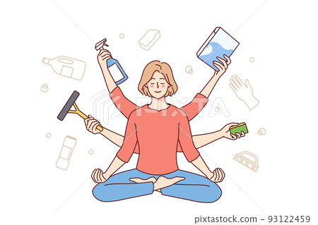 Calm housewife meditating  93122459