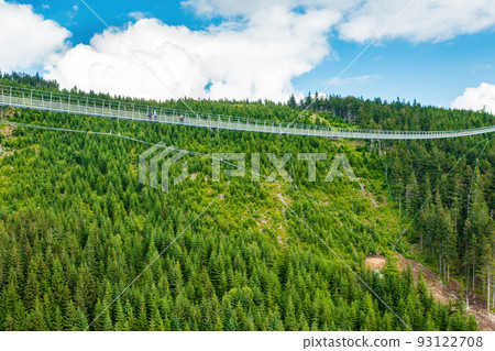 Sky Bridge 721 is the longest suspension bridge between two hills in the forest, Dolni Morava, Czech Republic . One way footbridge in touristic place in the forest in summer. Sky Bridge 721 is the longest suspension bridge between two hills in the forest, Dolni Morava, Czech Republic . One way footbridge in touristic place in the forest in summer. 93122708