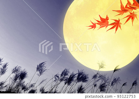 Full moon, autumn pampas grass and autumn leaves 93122753