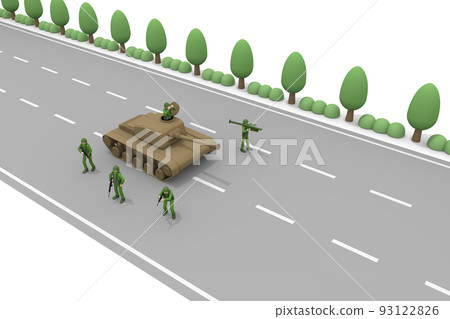 邊界戰爭。軍事入侵。戰爭現場。一個拿著武器的士兵。士兵戰鬥。 93122826