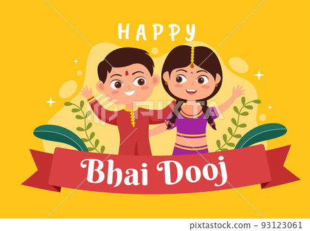 Happy Bhai Dooj Indian Festival Celebration Hand Drawn Cartoon Illustration of Sisters Pray for Brothers Protection with a Dot on His Forehead 93123061
