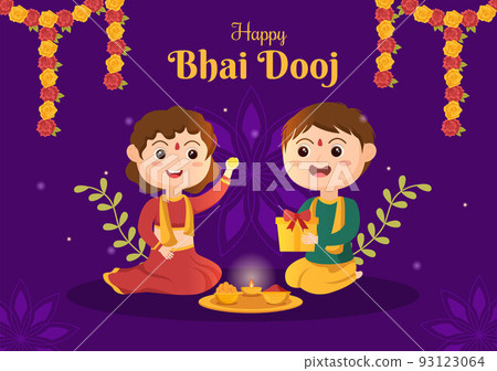 Happy Bhai Dooj Indian Festival Celebration Hand Drawn Cartoon Illustration of Sisters Pray for Brothers Protection with a Dot on His Forehead 93123064