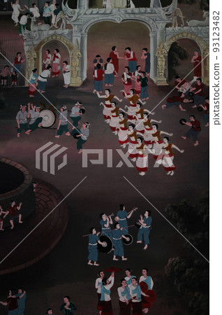 A mural painting inside a Buddhist temple in Langfang, Northern Thailand. The monk's training and daily life are depicted in a friendly children's painting touch. 93123482