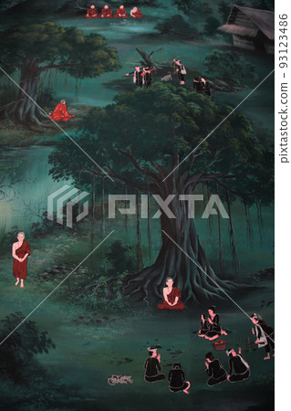 泰國北部廊坊一座佛寺內的壁畫，以友好的兒童畫筆觸描繪了僧人的修行和日常生活。 93123486