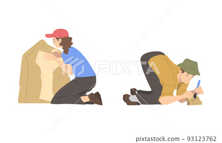 Archaeologists in working process. Paleontologist cleaning historical artifacts with brush cartoon vector illustration 93123762