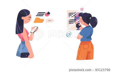 Girls using mobile devices for communicating and searching for information cartoon vector illustration 93123790
