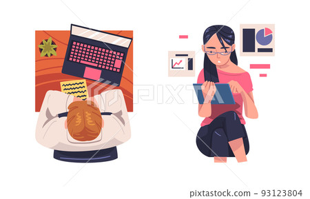 People working with laptop computers set. Online communication, distant work or learning concept cartoon vector illustration 93123804