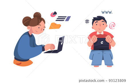 People chatting with laptop computers on social media set. Online communication, distant work or learning concept cartoon vector illustration 93123809