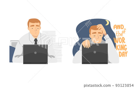 Young man daily routine set. Businessman working at computer in office cartoon vector illustration 93123854