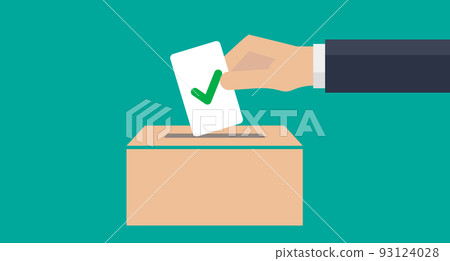 Male hand putting ballot paper with checkmark into ballot box. politics and elections. vector. 93124028