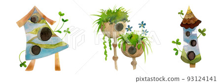 Watercolor hand drawn set of birdhouses with plants and flowers, isolated on white background. Design elements for cards, gift bags, invitations, textile, print, wallpaper, for children 93124141