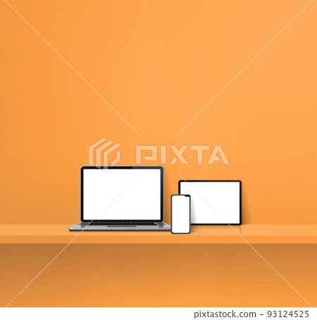 Laptop, mobile phone and digital tablet pc on orange wall shelf. Square background Laptop, mobile phone and digital tablet pc on orange wall shelf. Square background 93124525
