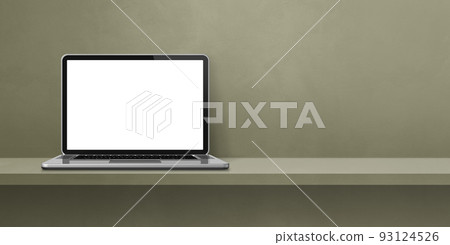 Laptop computer on green shelf background banner 93124526