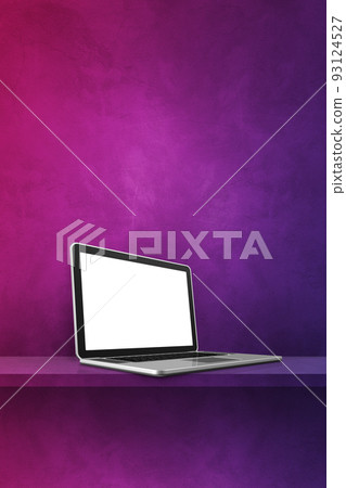 Laptop computer on purple shelf. Vertical background Laptop computer on purple shelf. Vertical background 93124527