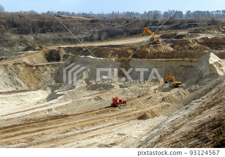 Extractive machines works in open quarry to extract building materials 93124567